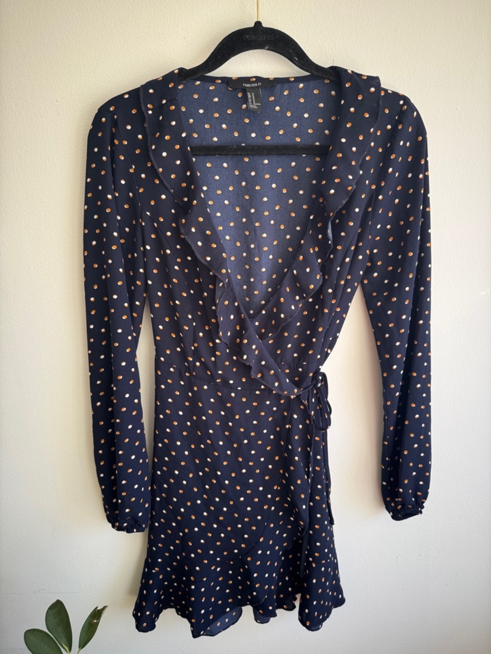 Forever 21 Navy Wrap Dress with Peach Polka Dots